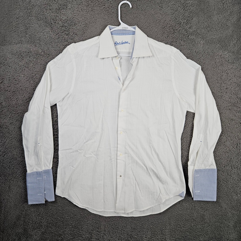 Robert Graham Mens White Jacquard Floral Stripe Dress Shirt 17 43 Contrast Cuffs
